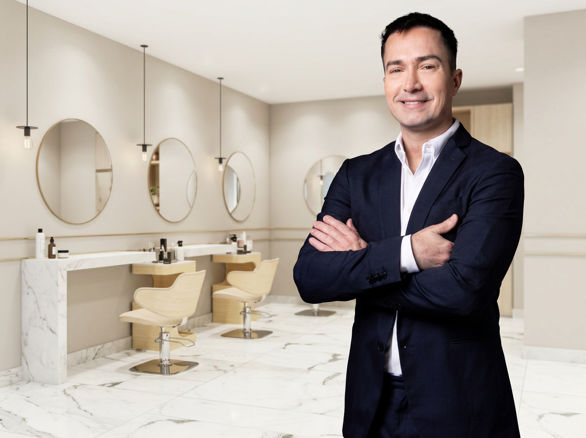 Luis César Bigonha em um salão de beleza moderno e claro